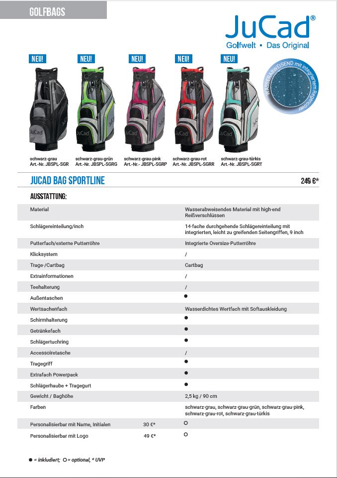 JuCad bag Sportline, Produktdatenblatt,