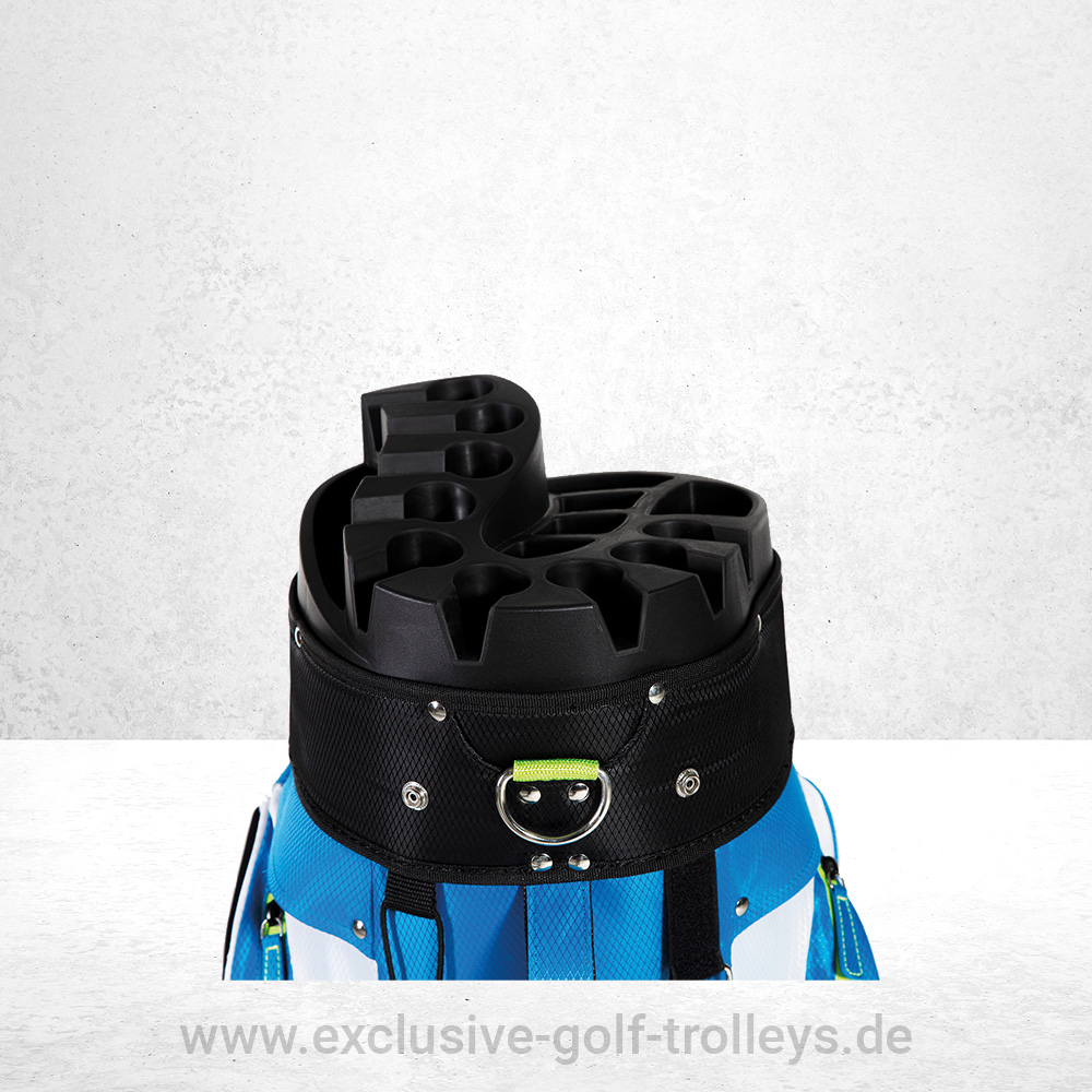 JuCad Golfbag Manager Aquata Blau-Grün-Weiß 2 JuCad Manager Aquata Blau Weiß Grün Golfbag Golftasche Wasserdicht Managereinteilung Putterröhre extern