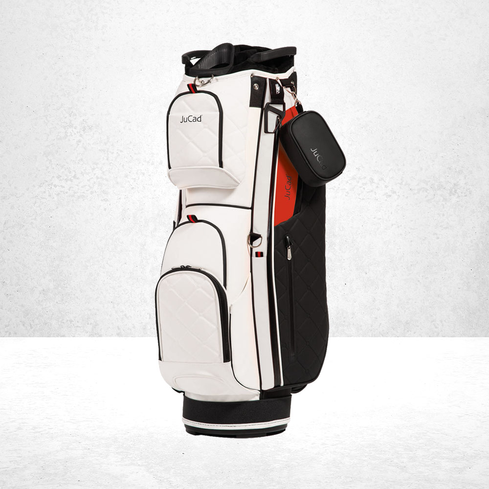 JuCad Golfbag First Class Schwarz Rot 1 JuCad Golfbag First Class in Schwarz Rot, Wasserabweisend, 14-fache Schlägerunterteilung, Gesteppte Optik,