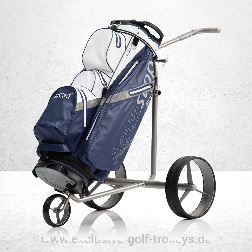 JuCad Drive SL Titan Travel eX 2.0 Golftrolley mit Fernbedienung 3 JuCad Titan Drive SL 2.0, JuCad Golfbag Aquastop PLUS in Dunkelblau Weiß