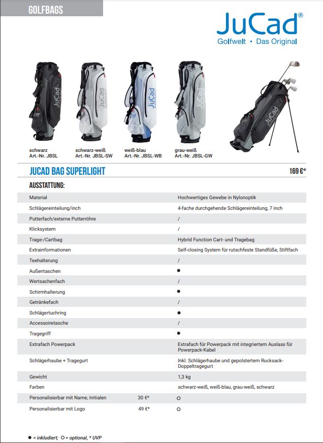 JuCad Golfbag Superlight 2in1 Grau Weiß 6 JuCad Golfbag Superlight 2in1 Datasheed