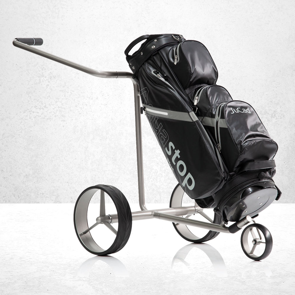 JuStar Silver 1.0 Golftrolley Ausstellungsstück 3 JuStar Silver Golftrolley, titansilber Metallic, 3-Rad manuell, Reifen Schwarz, JuCad Golfbag Aquastop PLUS Schwarz Titan,