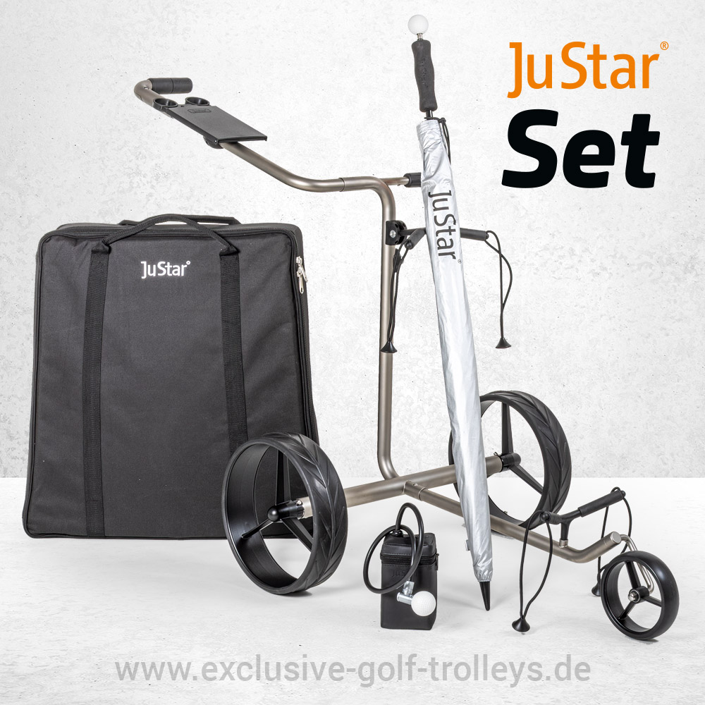 JuStar Edelstahl Golftrolley Set mit Parkbremse Schwarz 1 JuStar Edelstahl Golftrolley, Set mit Parkbremse, Titangrau matt, JuStar Golfschirm mit UV-Protection, JuStar Scorekartenhalter, JuStar Golftrolley, JuStar Golfcaddy, Mattschwarz