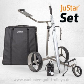 JuStar Edelstahl Golftrolley Set mit Parkbremse Titangrau