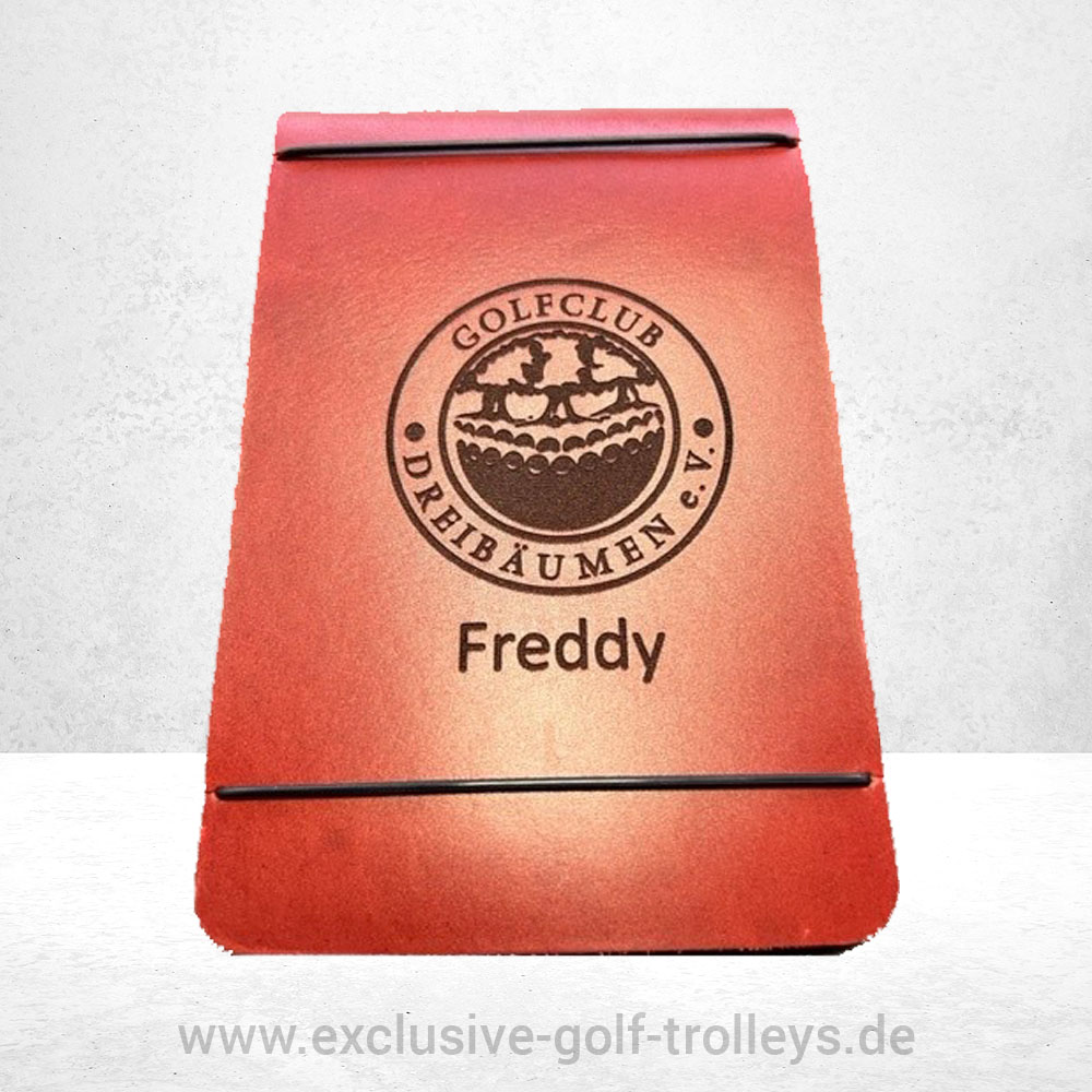 Scorekartenmappe personalisiert Leder 2 Scorekartenmappe aus Leder, personalisiert, Stifthalter genietet, viele Farben, Logo und Text, Golfclub, Clubmannschaft