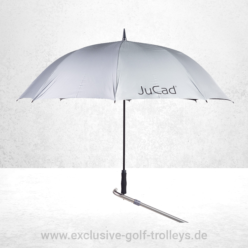 JuCad Titan Drive SL 1.0 Master Golftrolley Set 10 JuCad Schirm Automatik, JuStar Golfschirm, Golf Schirm, Silber, 99% UV-Schutz, 99% UV Protection, Schirmhalterung, JuCad