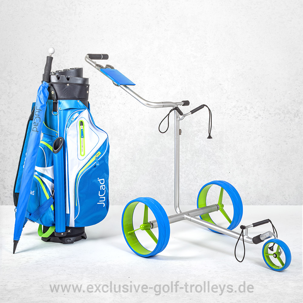JuStar SILVER Golftrolley Set incl. Golfbag "Manager Aquata" 1 JuStar Silver Set, Golftrolley, golfcaddy, Golfbag Manager Aquata blau/grün/weiß mit JuCad Golfschirm, JuCad Manager Aquata Blau Weiß Grün Golfbag Golftasche Wasserdicht Managereinteilung Putterröhre extern