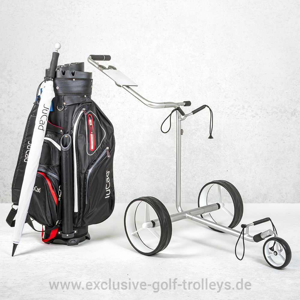 JuStar SILVER Golftrolley Set incl. Golfbag "Manager Aquata" 6 JuStar Silver Set, Golfbag Manager Aquata Schwarz/Rot/weiß mit JuCad Golfschirm Weiß