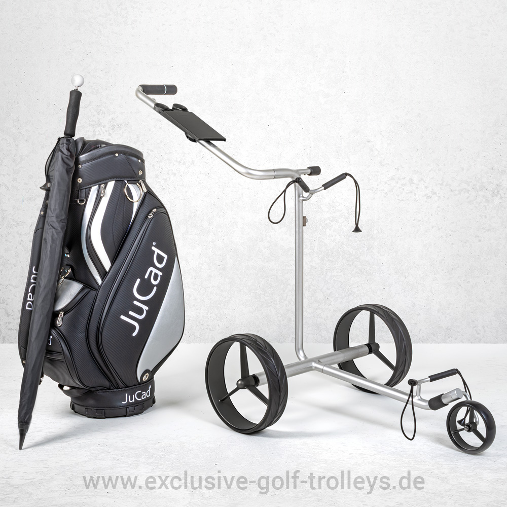 JuStar SILVER Golftrolley Set incl. Golfbag PRO 1 JuStar Silver Set, Golfbag Bag PRO Schwarz/Silber/weiß mit JuCad Golfschirm Silber