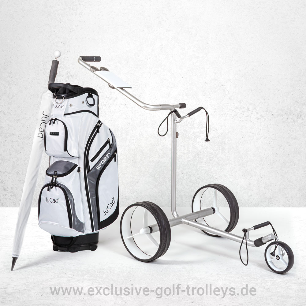 JuCad Golfbag Sporty Weiß-Grau 5 JuStar Silver Set Weiß, Golftrolley, Golfcaddy, Golfbag Sporty Schwarz/Weiß/Grau mit JuCad Golfschirm, Weiß