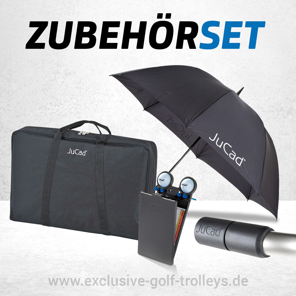 JuCad Carbon Travel 2.0 Nero SV Golftrolley 11 JuCad Zubehör Set, JuCad Golfschirm, JuCad Scorekartenhalter, JuCad Griffschutz, JuCad Trolley Tragetasche, JuCad Zubehör